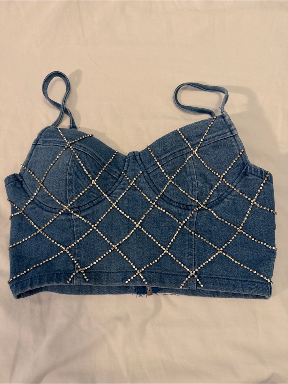 Rhinestone Grid Denim Crop Top - Blue